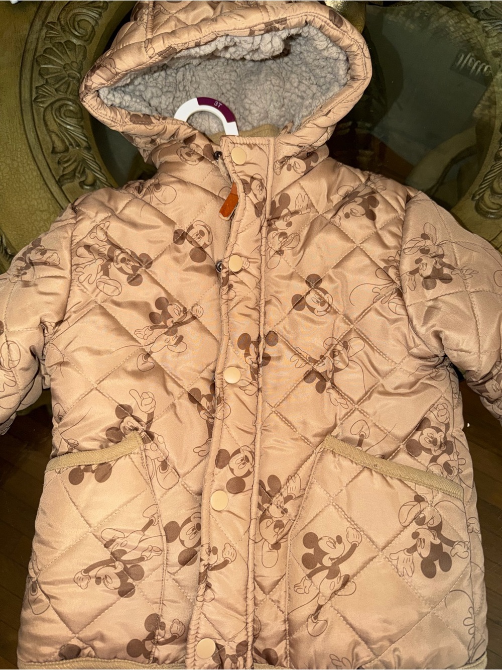 Amazon Kids Quilted Puffer Jacket in Light Beige with Character Print